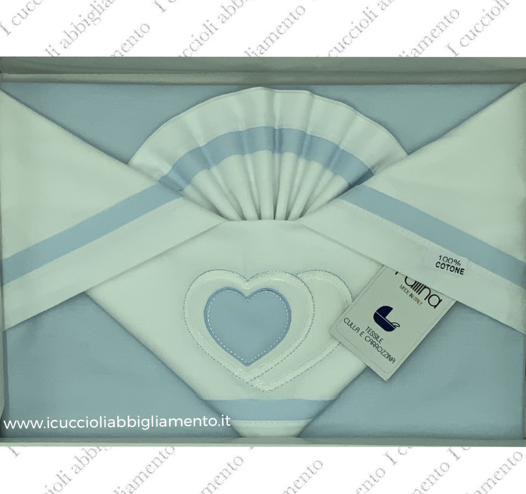 Lenzuola Per Culla E Carrozzino In Cotone Puro – Set Con Federa, Fondo Bianco E Macramè, Made In Italy, Celeste