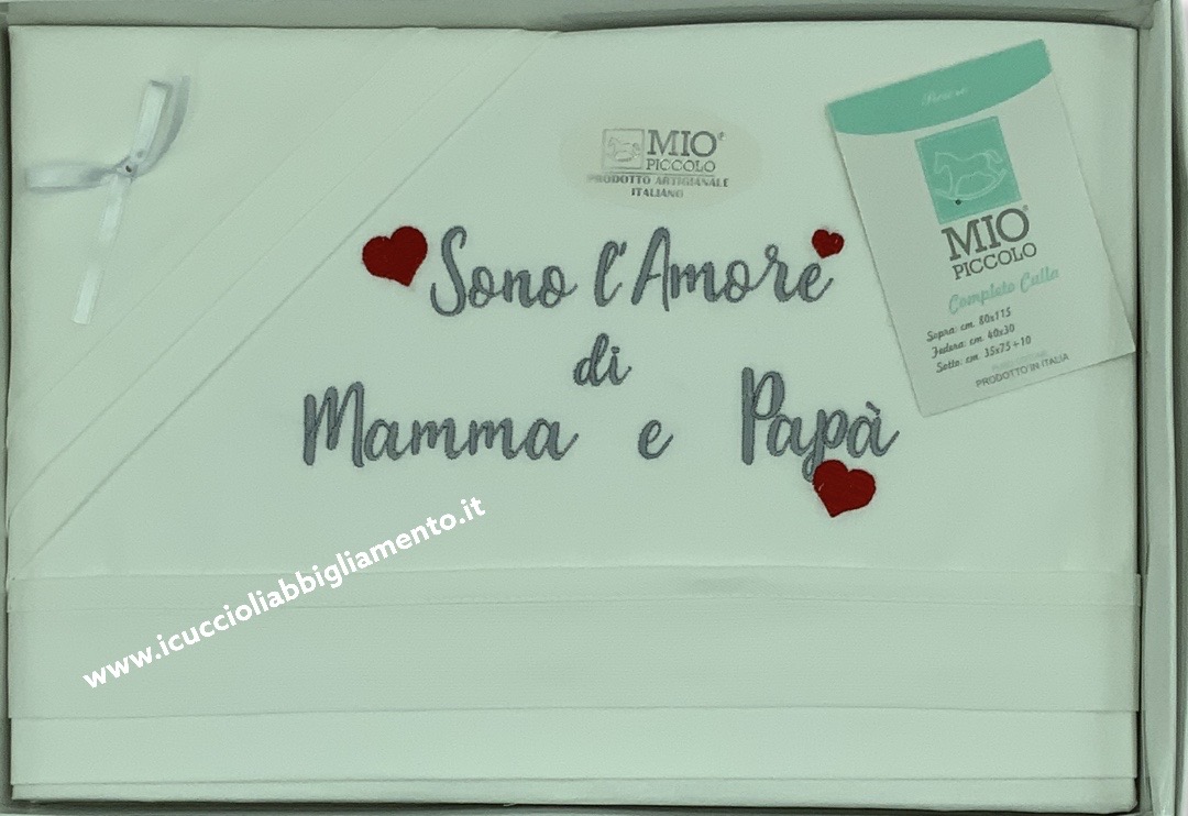 Composè di lenzuola per culletta/carrozzina “Sono l’amore di mamma e papà” 